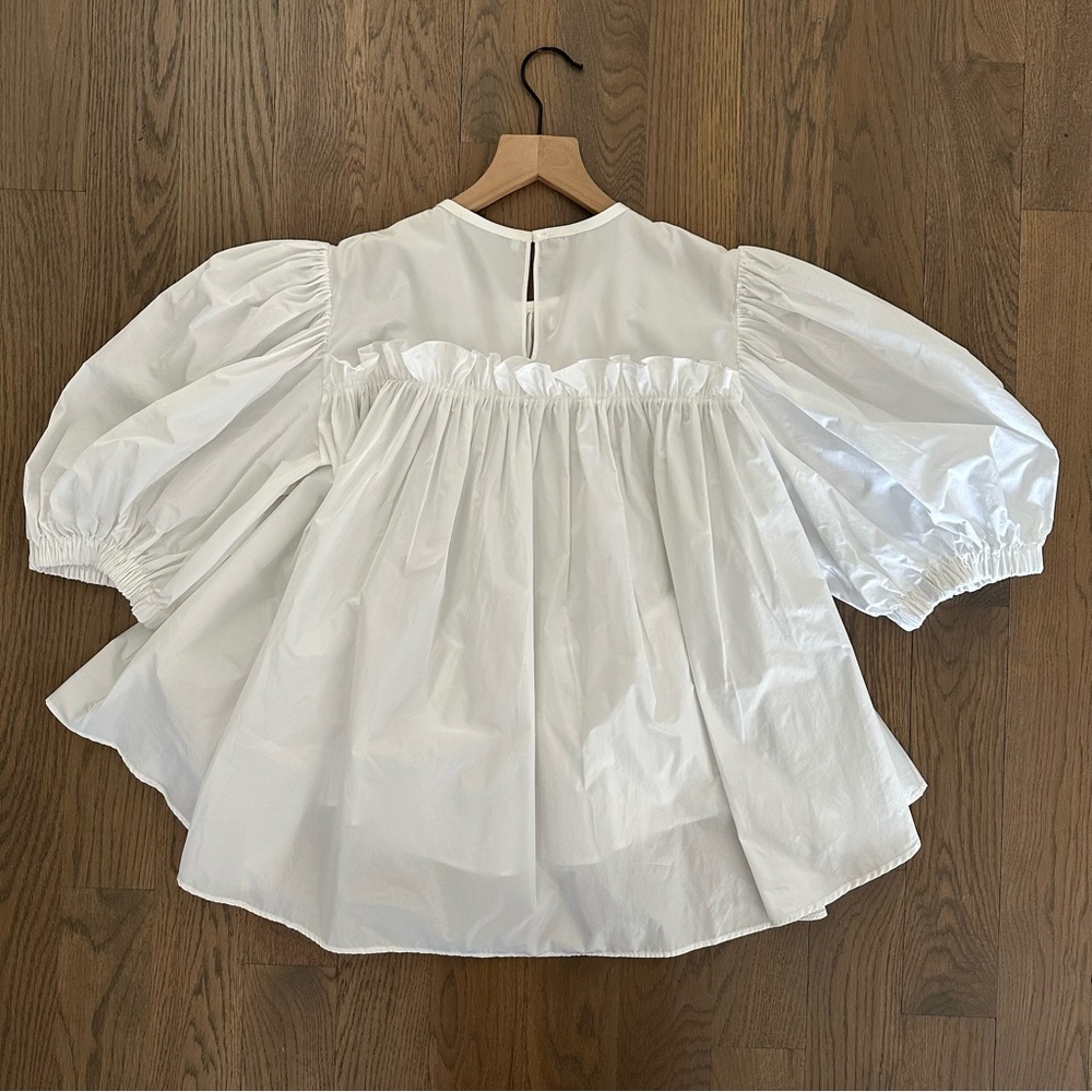 Brogger Round Neck Puff Sleeve Tiered Oversized Taffeta Blouse in White Large - Picture 7 of 8